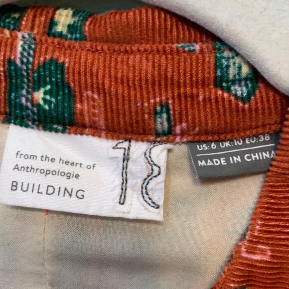 Anthropologie Building 13 Corduroy Floral Button-up Blouse Women 6 Orange Green - Picture 3 of 10